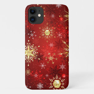 Capa Para iPhone 11 Flocos de neve do Ouro de Natal em Fundo Vermelho