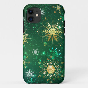 Capa Para iPhone 11 Flocos de neve do Ouro Xmas em fundo verde
