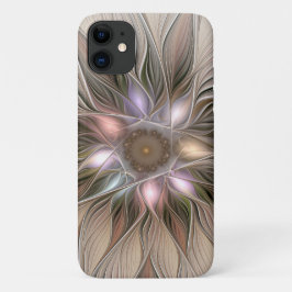 Capa Para iPhone 11 Flor Abstrata Alegre Bege Marrom Fractal Floral