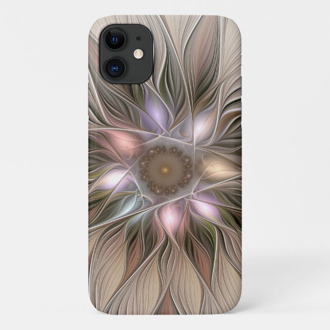 Capa Para iPhone 11 Flor Abstrata Alegre Bege Marrom Fractal Floral (Verso)