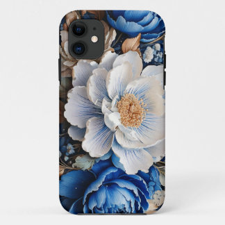 Capa Para iPhone 11 Flor de Aquarelas em Flores Azuis e Brancas,
