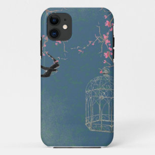 Capa Para iPhone 11 Flor de cerejeira e birdcage