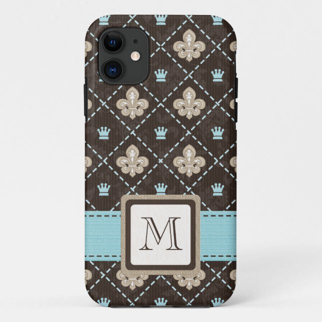 Capa Para iPhone 11 Flor de lis azul Monogrammed (Verso)