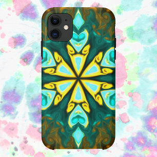 Capa Para iPhone 11 Flor de Mandala Psicodélico Teal e Amarelo