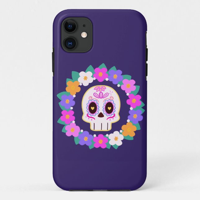 Capa Para iPhone 11 Flor Floral Açúcar Crânio (Verso)