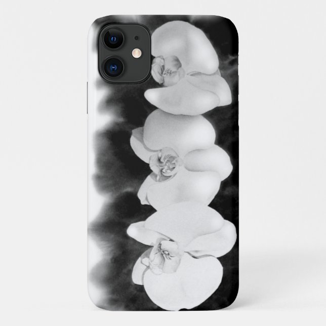 Capa Para iPhone 11 Flor tropical de pintura da Orquídea Branca Negra (Verso)