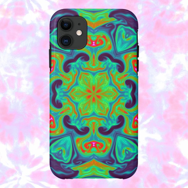 Capa Para iPhone 11 Flor Verde Azul e Vermelho, Flor Mandala Psicodéli (Criador carregado)