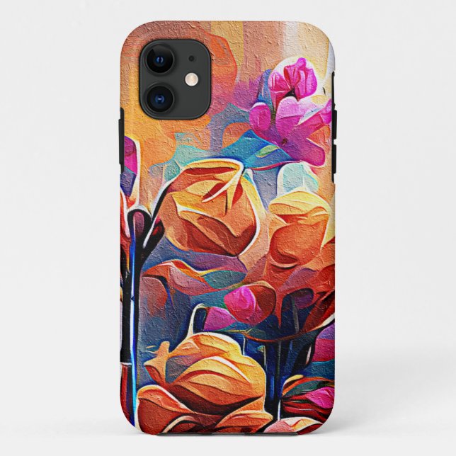 Capa Para iPhone 11 Floral Abstrato Art Laranja Vermelho Azul Flores (Verso)