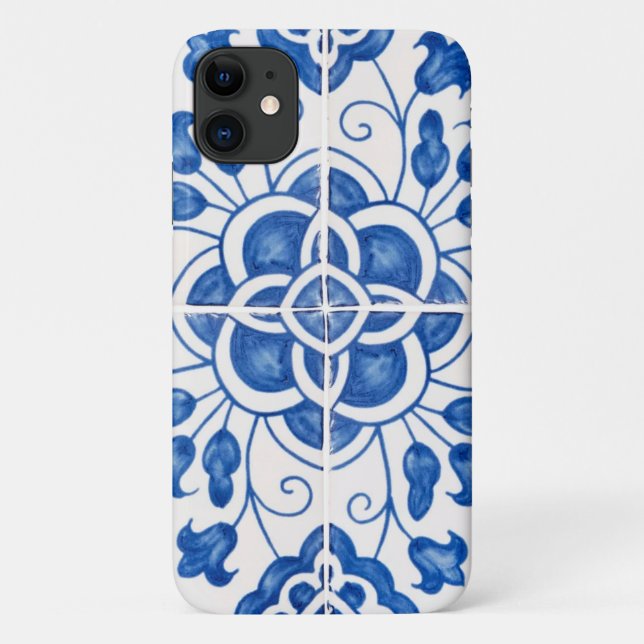 Capa Para iPhone 11 Floral Azul Azulejo-Mediterrâneo Português (Verso)