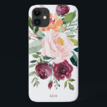 Capa Para iPhone 11 Floral de Aquarela Russa com Monograma<br><div class="desc">Lindamente feminina com charme rústico, este design floral rústico apresenta um buquê de rosas de aquarelas, flores misturadas e verde em um esquema de cores de tendência de laranja, rosa e rachado com verde rasteiro. Um modelo de texto é incluído para personalizar este design com as iniciais, o nome ou...</div>