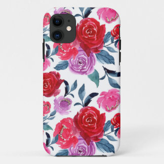 Capa Para iPhone 11 Floral de Cor da Água Vermelha Púrpura