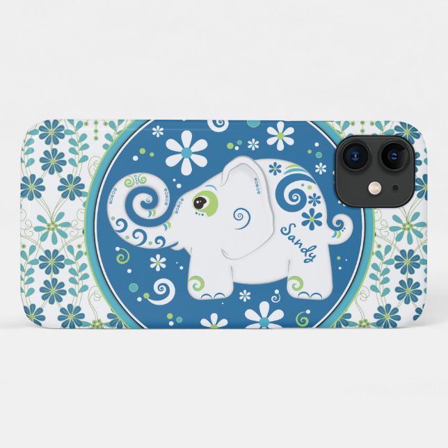 Capa Para iPhone 11 Floral de Elefante Verde Azul (Verso (horizontal))