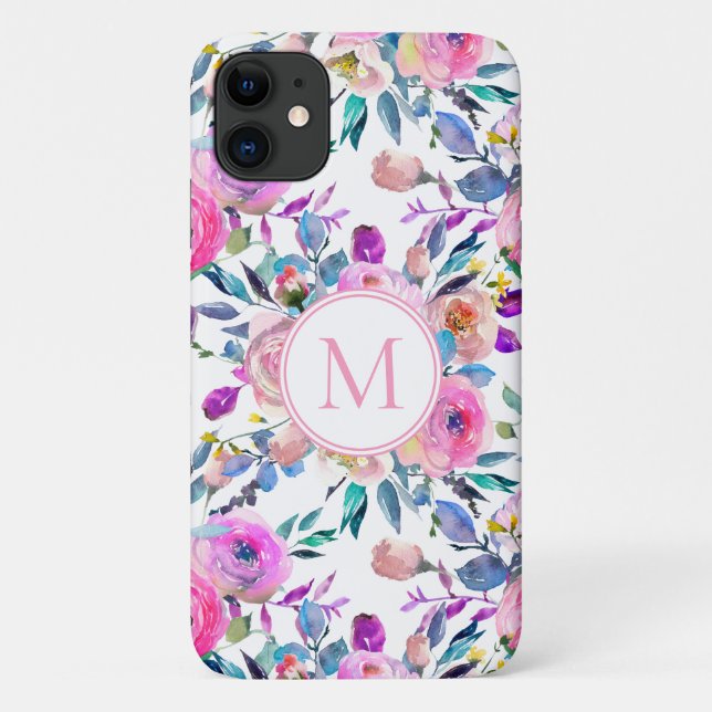 Capa Para iPhone 11 Floral Monograma Personalizado bonito (Verso)
