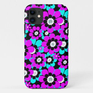Capa Para iPhone 11 Floral Neon Patterno Roxo e Flores Turquesas