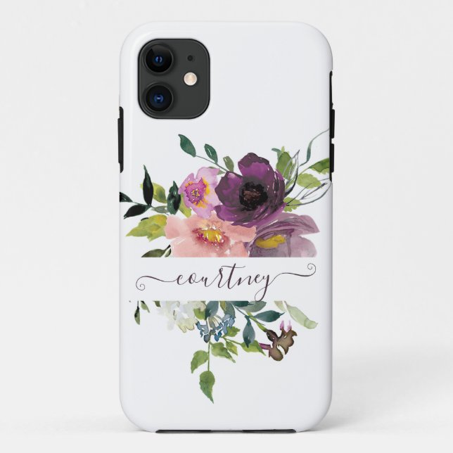 Capa Para iPhone 11 Floral personalizado com aquarela rosa e roxo (Verso)