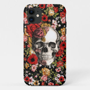 Capa Para iPhone 11 Floral retro com teste padrão do crânio