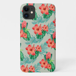 Capa Para iPhone 11 Floral Tropical Vermelho em Sage