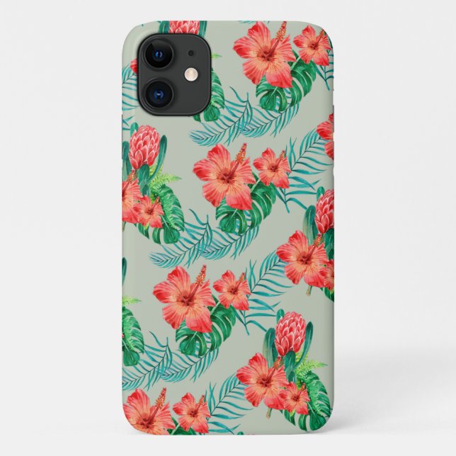 Capa Para iPhone 11 Floral Tropical Vermelho em Sage (Verso)