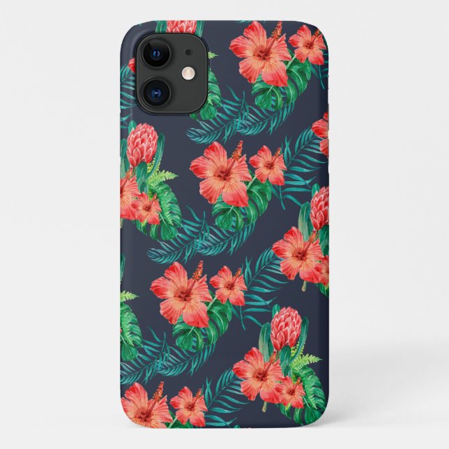Capa Para iPhone 11 Floral Tropical Vermelho no Marinho (Verso)