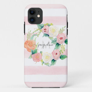 Capa Para iPhone 11 Floral Watercolor Wreath Pink White Strike w Name
