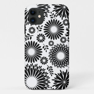 Capa Para iPhone 11 Flores boho Padrão floral vetorial preto e branco