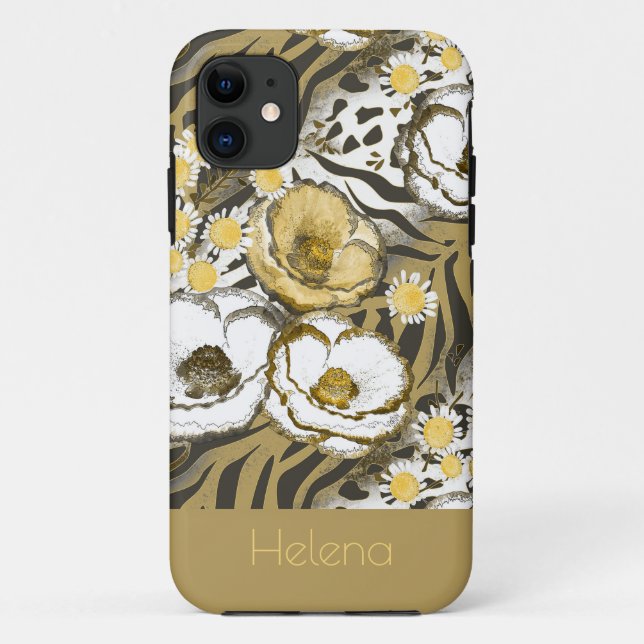 Capa Para iPhone 11 Flores brancas amarelas sobre fundo de tigre (Verso)