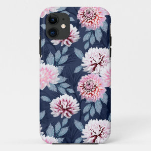 Capa Para iPhone 11 Flores brancas e cor-de-rosa em azul escuro.