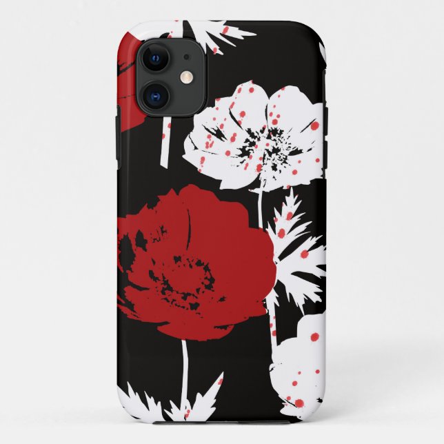 Capa Para iPhone 11 Flores brancas e vermelhas em preto (Verso)