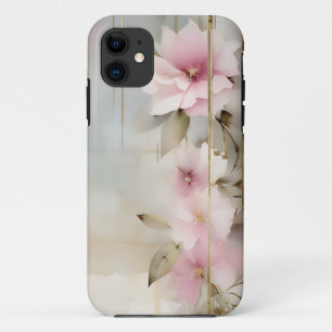 Capa Para iPhone 11 Flores cor-de-rosa abstrato com listras Douradas