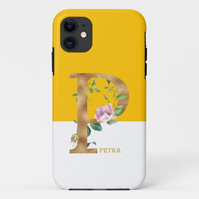 Capa Para iPhone 11 Flores cor-de-rosa - Monograma - letra P (Verso)