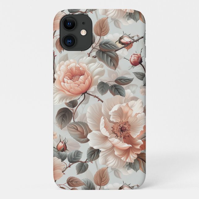 Capa Para iPhone 11 Flores-creme com folhas de cinza em cinza-clara (Verso)
