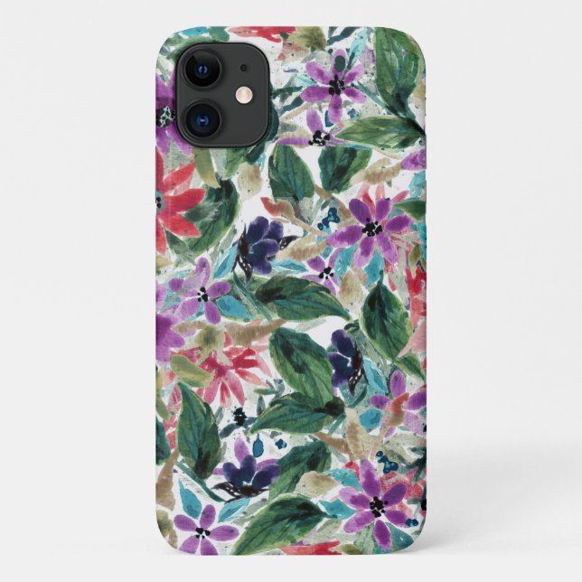 Capa Para iPhone 11 Flores de Aquarela | Flores Roxas Pintadas À Mão (Verso)