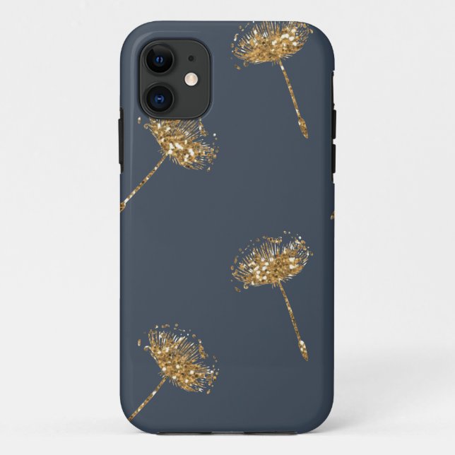 Capa Para iPhone 11 Flores de Dandelion marinho Azul e Dourado (Verso)