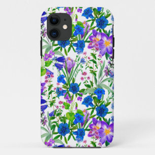 Capa Para iPhone 11 Flores de Jardim de Aquarelas Azuis e Púrpuras