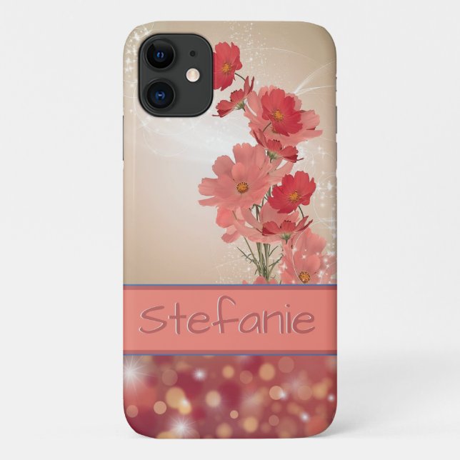 Capa Para iPhone 11 Flores de Salmão Maciço e Marrom Sonhador (brokeh) (Verso)