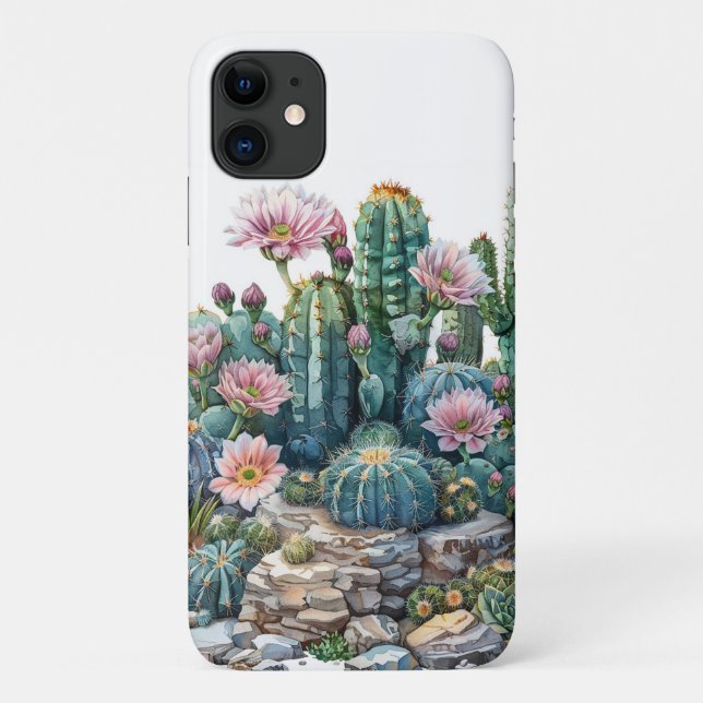 Capa Para iPhone 11 Flores do deserto de aquarelas cactos. (Verso)