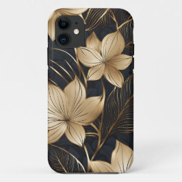 Capa Para iPhone 11 Flores Douradas e Folhagem abstrato