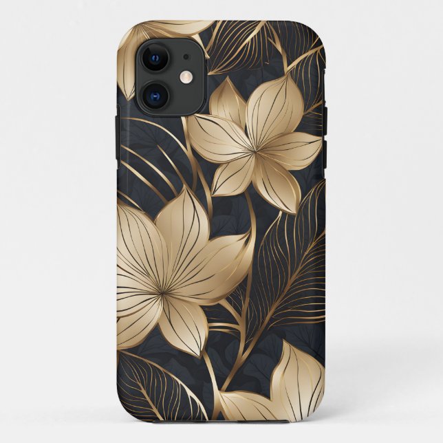 Capa Para iPhone 11 Flores Douradas e Folhagem abstrato (Verso)