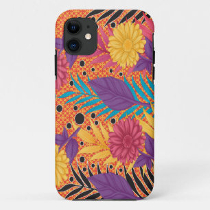 Capa Para iPhone 11 flores e folhas coloridas sobre fundo preto