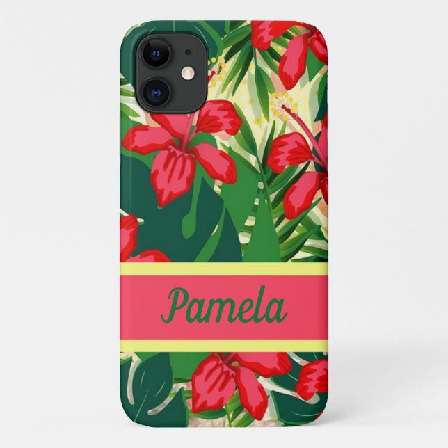 Capa Para iPhone 11 Flores e folhas tropicais (Verso)