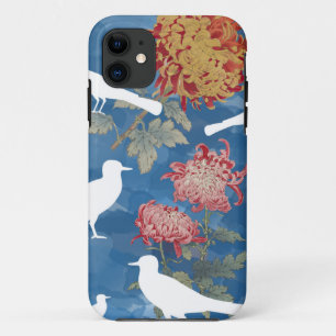 Capa Para iPhone 11 Flores e Pássaros de Vintage de Cor Azul