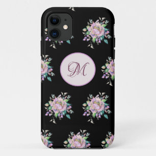 Capa Para iPhone 11 Flores Elegantes Pastel Watercolor Monograma Preto
