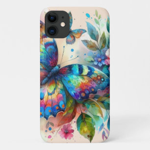Capa Para iPhone 11 Flores Florais De Borboleta De Aquarela Azul Rosa