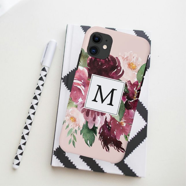 Capa Para iPhone 11 Flores Modernas de Aquarela Monograma (Criador carregado)