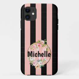 Capa Para iPhone 11 Flores monogramas e estampas cor-de-rosa preta