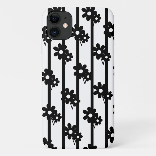 Capa Para iPhone 11 Flores Negras Modernas Com Linhas Verticais (Verso)