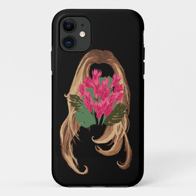Capa Para iPhone 11 Flores rosa e face feminina (Verso)
