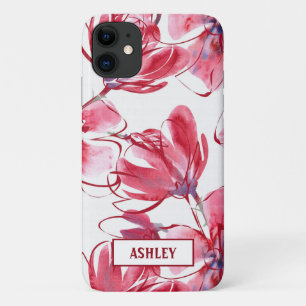 Capa Para iPhone 11 Flores Rosa E Vermelho De Aquarelas