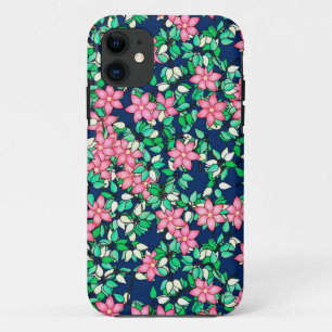 Capa Para iPhone 11 Flores rosa, fundo azul escuro