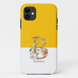 Capa Para iPhone 11 Flores rosa, monograma em ouro, letra B